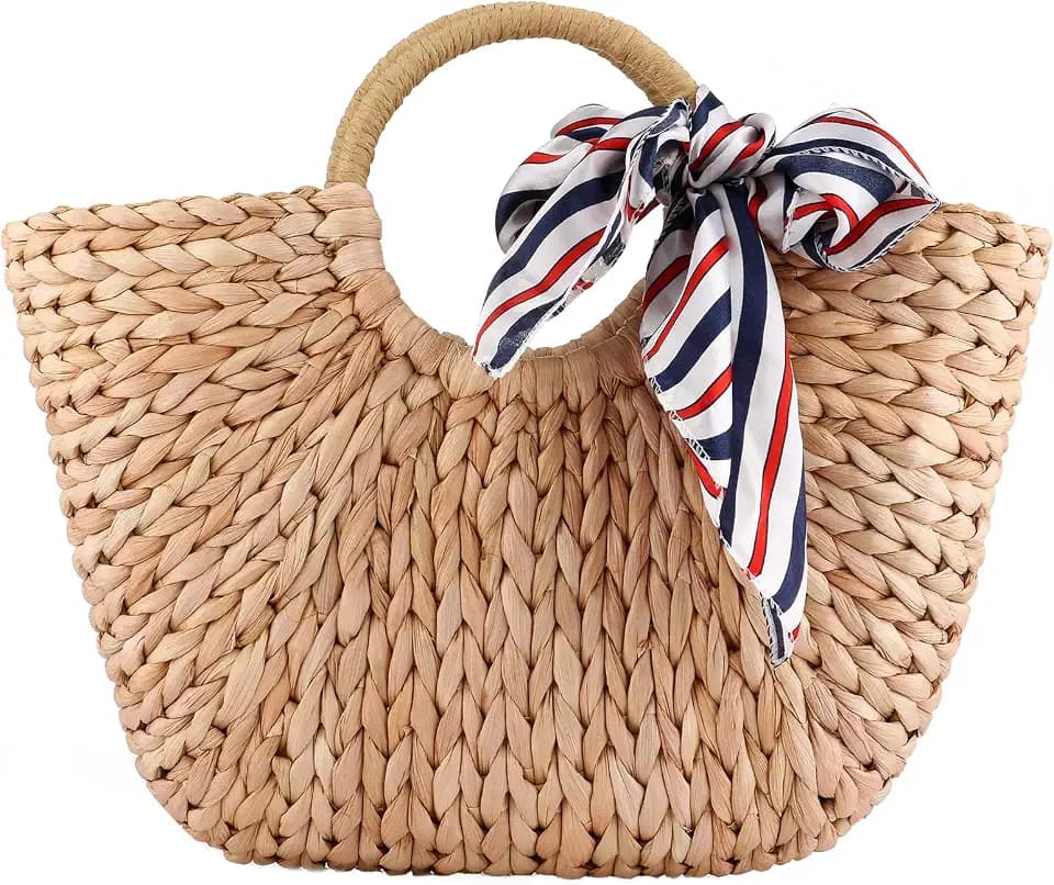 EROUGE Natural Chic Straw Bag Hand Woven Round Handle Handbags Retro Summer Beach Bag
