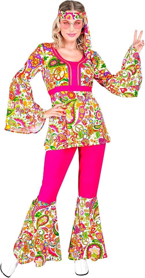 W WIDMANN MILANO Party Fashion - Hippie Kostüm Damen 60er Jahre, Set mit Bluse, Schlaghose, Stirnband für Party und Karneval