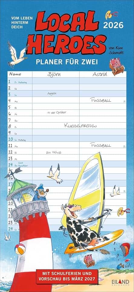 Local heroes Planer für zwei 2026: Paarkalender mit 2 Spalten. Illustriert mit humorvollen Cartoons von Kim Schmidt über das Leben hinterm Deich. Wandkalender 2026 zum Eintragen (ABAJG96)