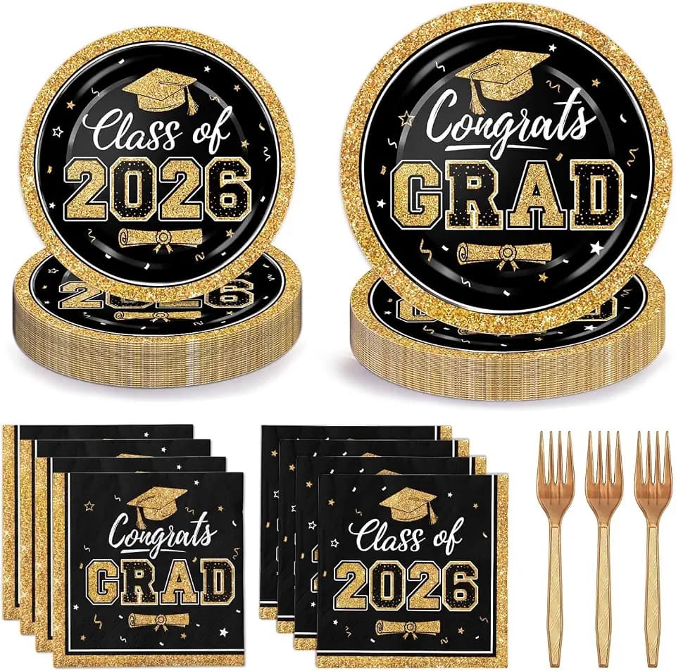 LINHAXM 50 Sets Graduation Plates and Napkins 2026 with Forks – Black and Gold Congrats Grad Disposable Paper Plates and Napkins Party Supplies for Graduation Decorations Class of 2026