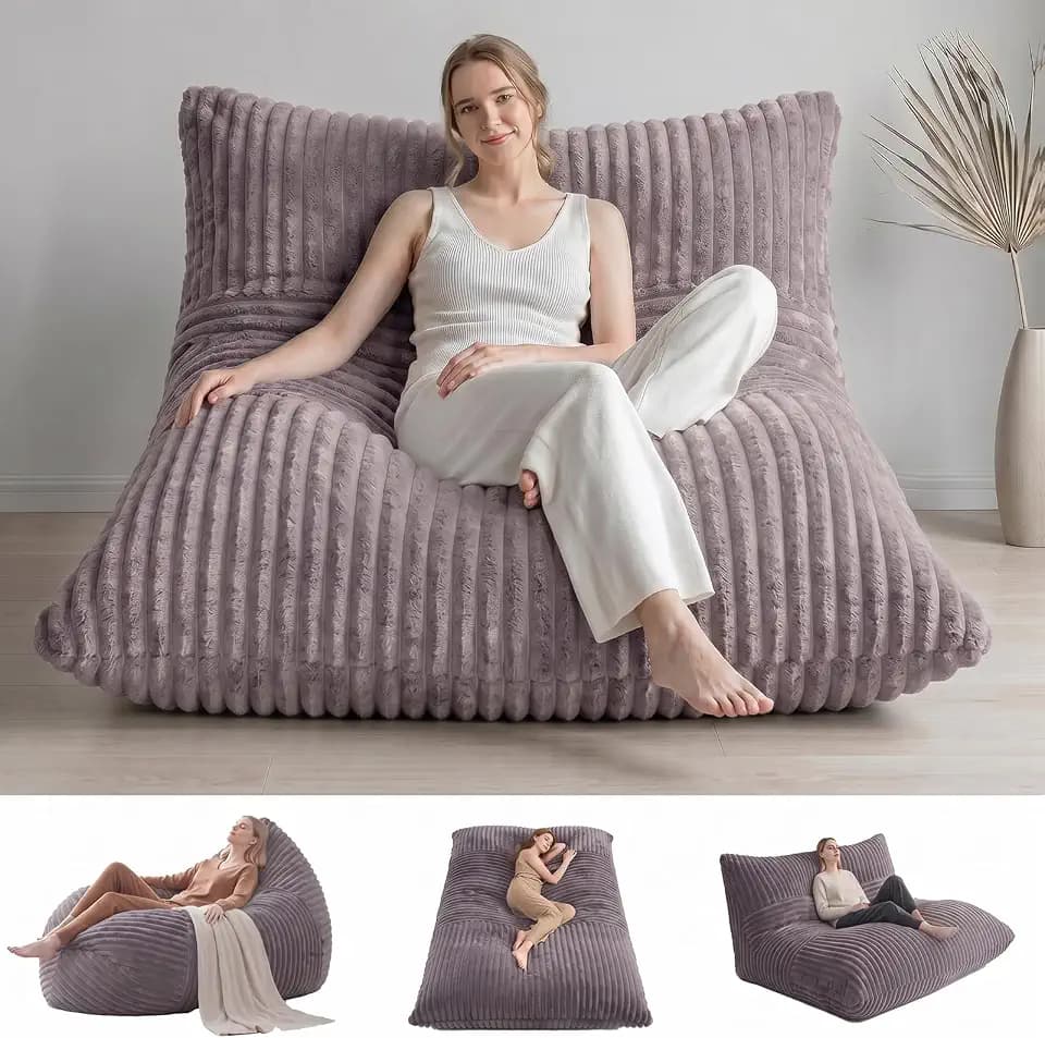 3 in 1 Bean Bag Chair with Memory Foam Filler, Beanbag Chairs for Adult with Washable Cover, Fluffy Oversize Bean Bag Chair Reading Lounger for Bedroom & Living Room (Grey)