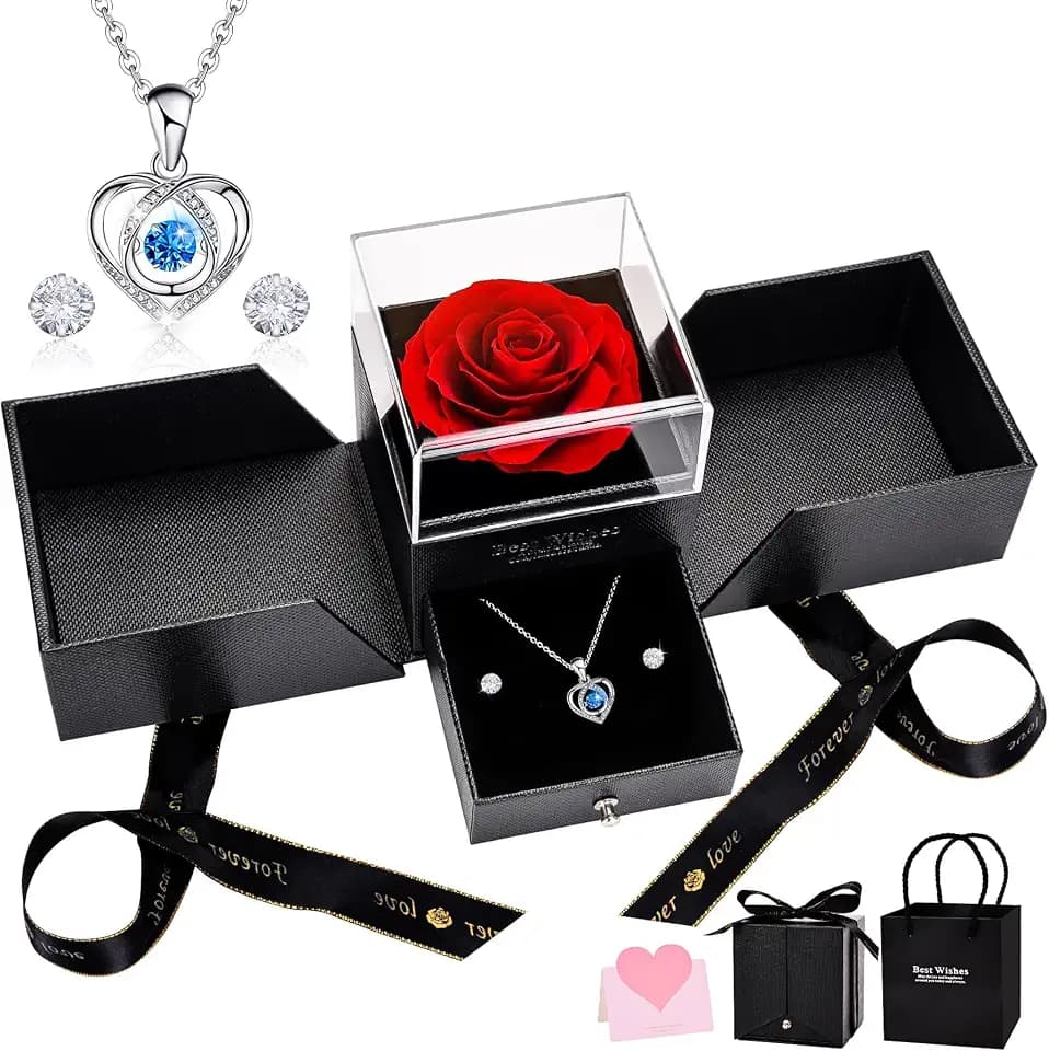 Ewige Rose, Konservierte Rosen mit Herz Halskette und Ohrringe, Handgefertigte Schmuck Geschenkbox Valentinstag Muttertag Jahrestag Geburtstag Geschenke für Mutter Ehefrau Schwester