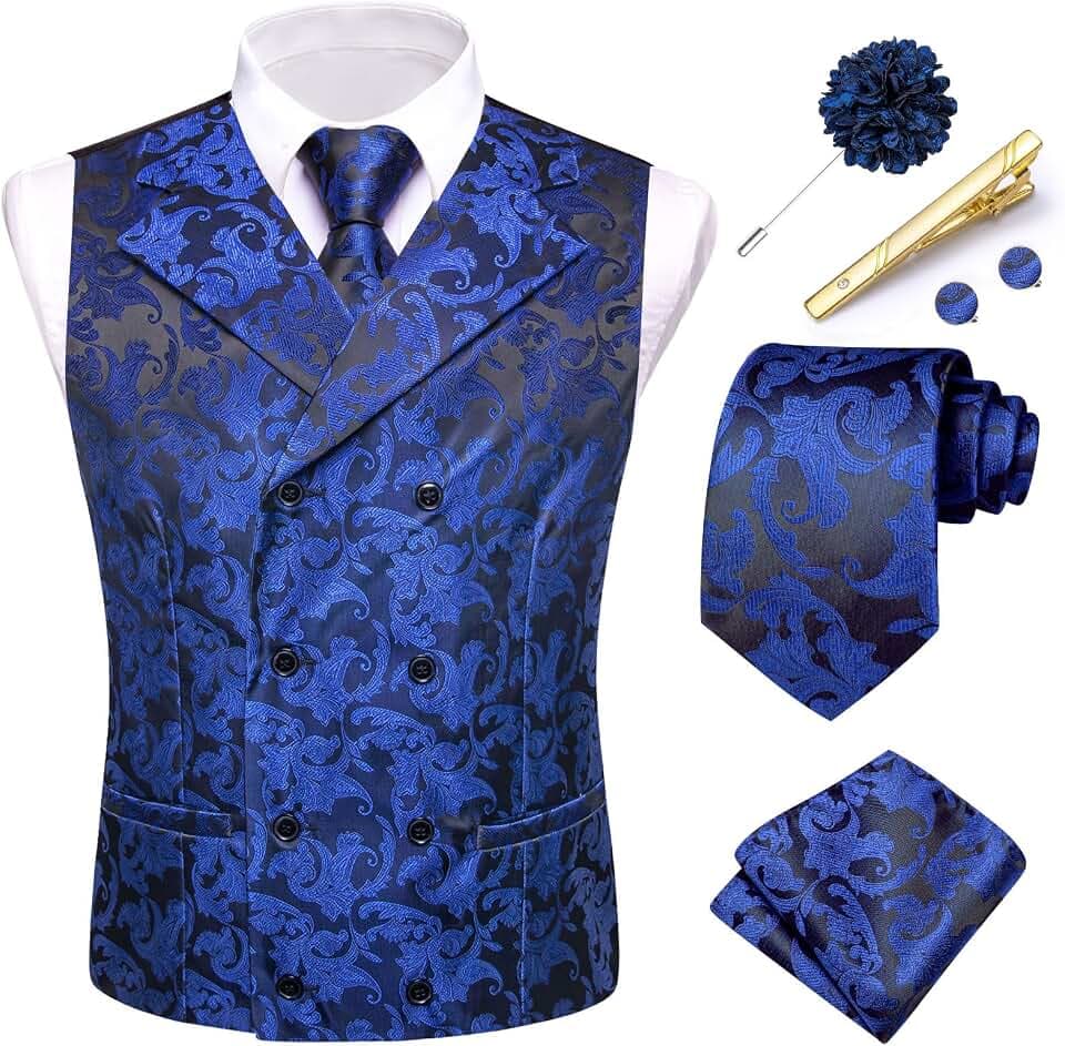 Hi-Tie Herren Paisley Anzugweste, formelle Jacquard-Seide, Weste und Krawatte, Reversnadel, Einstecktuch, Set für Hochzeit, Smoking