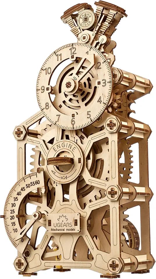 UGEARS Motoren-Uhr 3D Holzpuzzle für Erwachsene - Mechanische 3D Puzzle Uhr Holz - Funktionelle Uhr Modellbausatz mit Bewegliche Kolben - Selbst Bauen holzmodelle bausätze ideal für Modellbau Fan