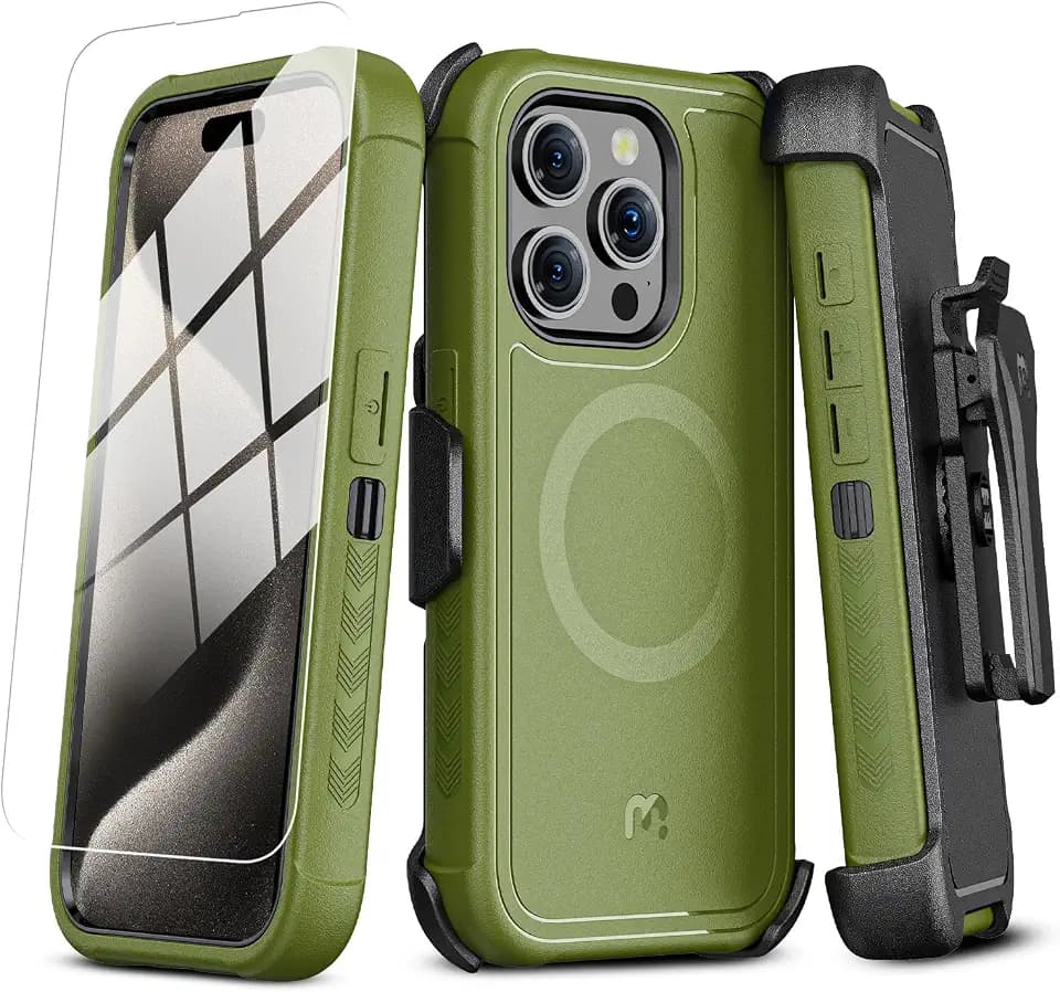 M MYBAT PRO Maverick Series for iPhone 15 Pro Max Case with Belt Clip Holster,[Compatible with Magsafe] w/Screen Protector, Anti-Drop,Shockproof,with 360°Rotating Kickstand,Heavy Duty Protection