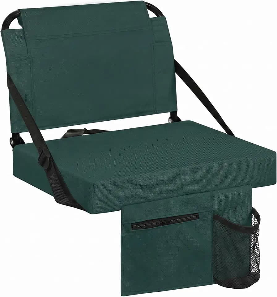 Stadium Seats for Bleachers with Back Support Bleacher Seat Soft Cushion Light Weight Includes Shoulder Strap & Cup Holder, Front & Back Zipper Pocket, Suitable for Sports Events,Green