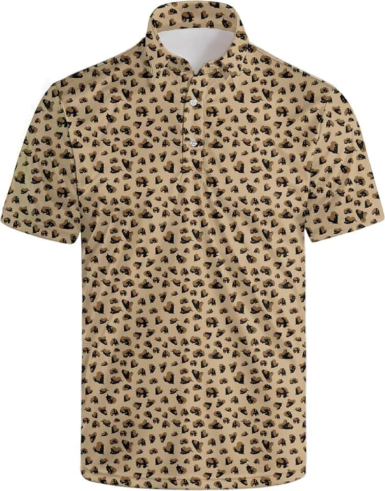 Mens Funny Polo Shirts Funny Leopard Quick Drying Short Sleeve Golf Shirt Stylish Button-Down Sports T-Shirt Classic Collared Tennis Shirts