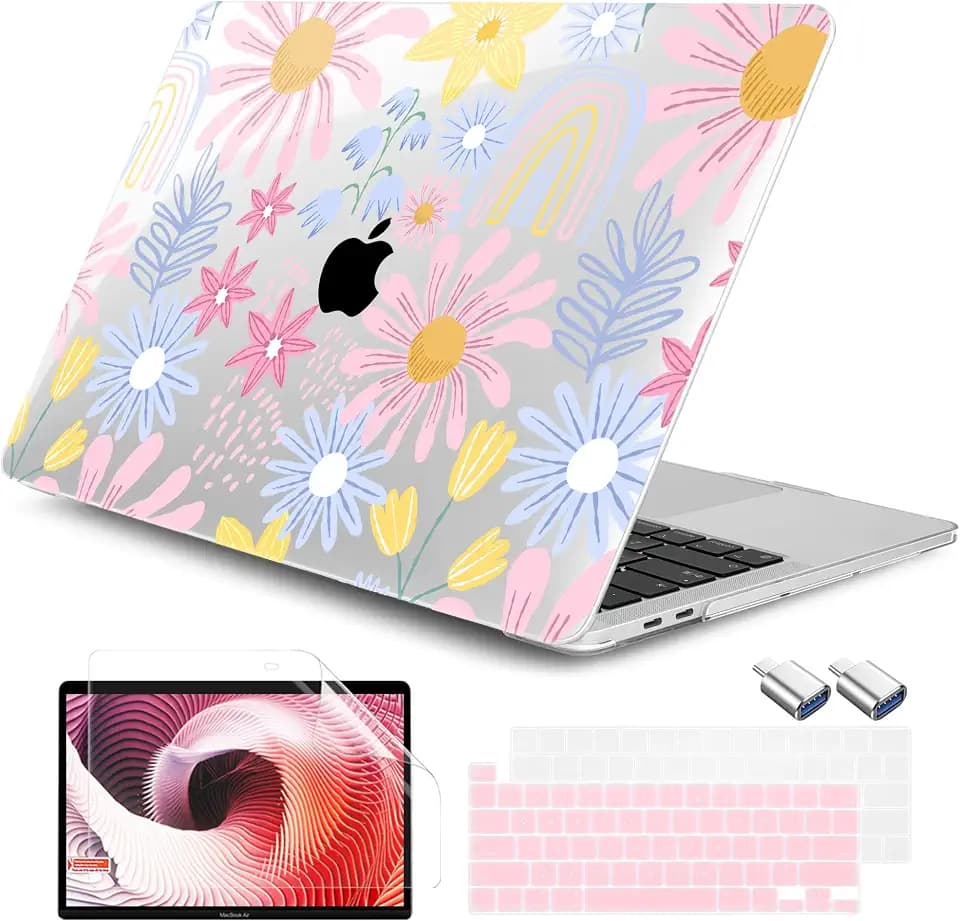 DONGKE for MacBook Pro 13 Inch Case 2023-2016 Release A2338 M2 M1 A2251 A2289 A2159 A1989 A1706 Touch Bar & Touch ID, Hard Shell with USB C to USB Adapter & Keyboard Cover, Florals