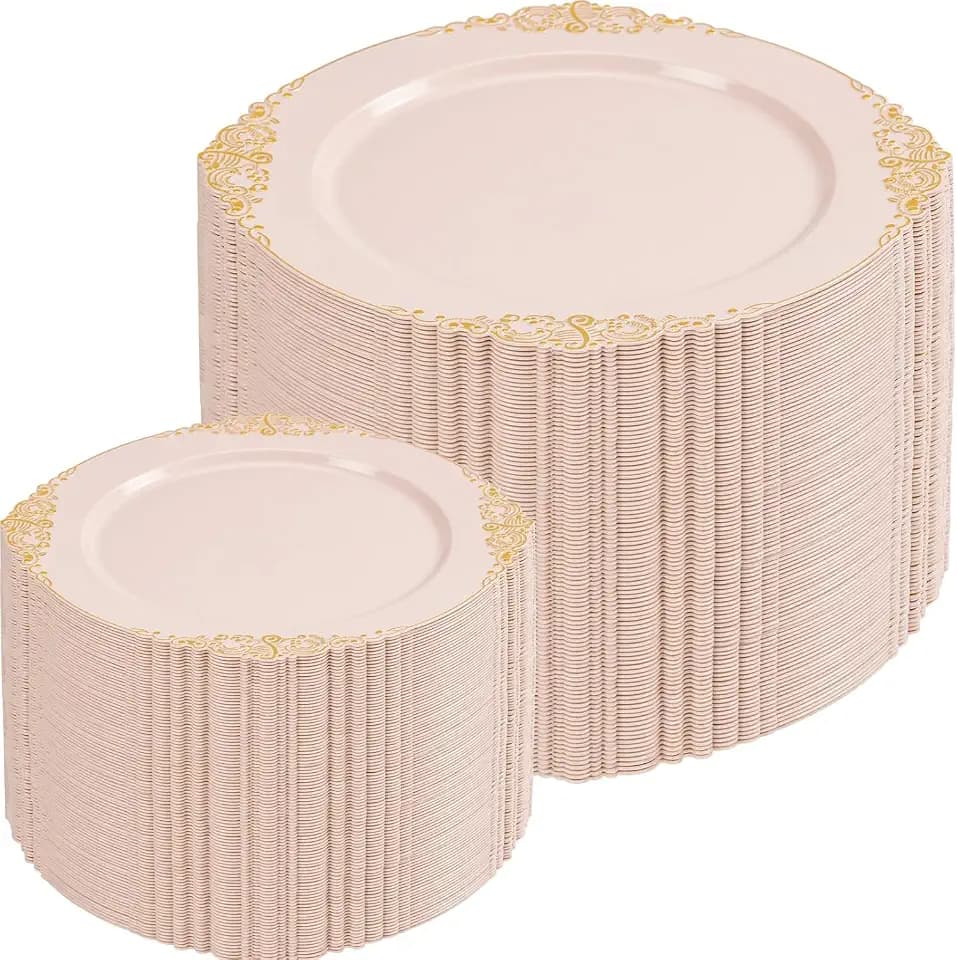 200PCS Pink and Gold Plates Disposable for Bridal Showers & Weddings