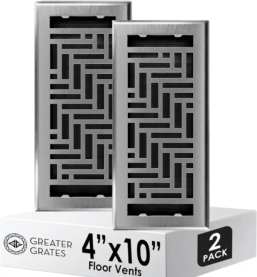 Floor Vent Covers – 4x10 Floor Register – Heavy-Duty Steel, Rustproof & Walkable Grates, Drop-in Install, Adjustable Airflow – Decorative (Herringbone Brushed Nickel, 2 Pack)