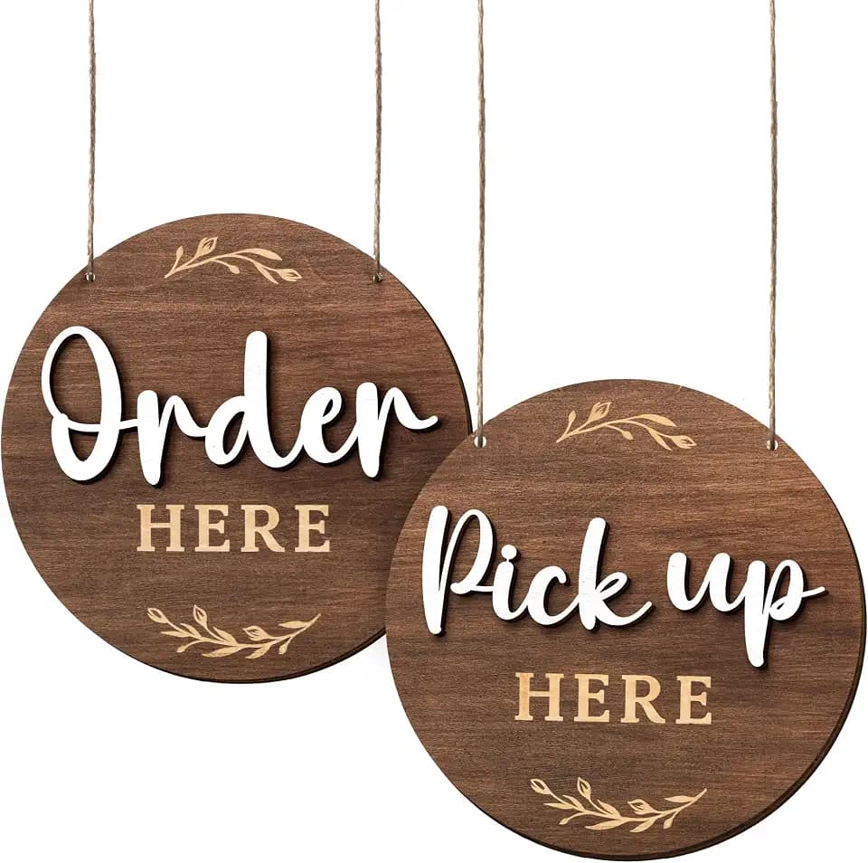 Woodamore Order Here Pick Up Here Signs, 2 Pack 10 in Round Wood for Cafes