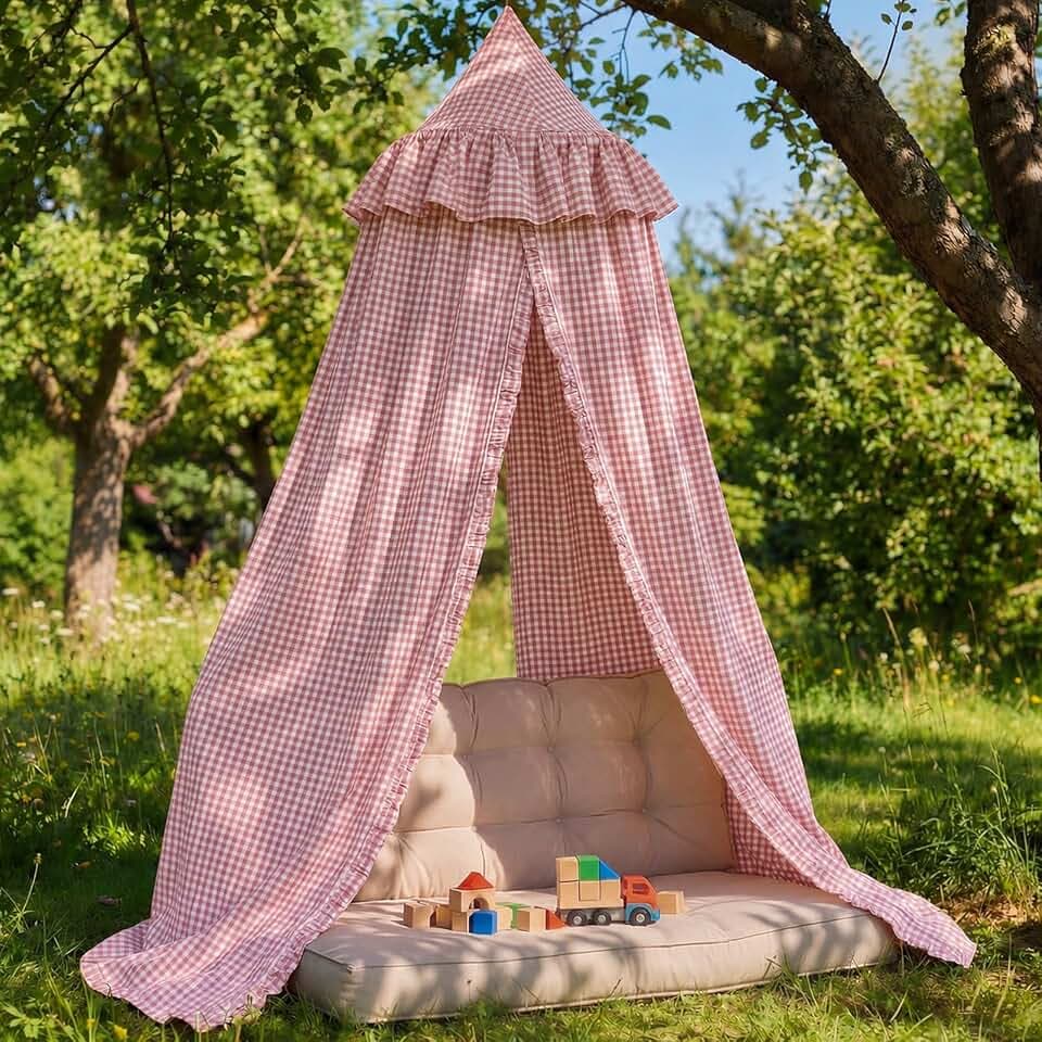 SmoothNovelty Gingham Plaid Bed Canopy, Pink White, Round