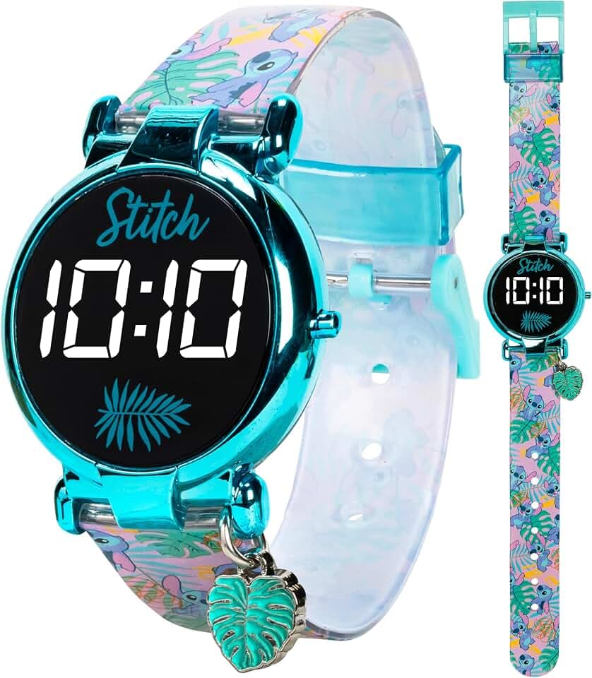 Accutime Kids Disney Lilo and Stitch Blue Digital LED Quartz Childrens Wrist Watch for Boys, Girls, Toddlers with Blue Multicolor Character and Hanging Charm (Model: LAS4033AZ)