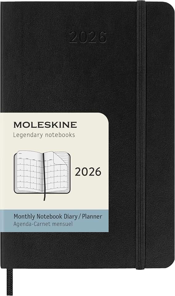 Moleskine Monatsplaner, Monatskalender 2026 12 Monate, Mit Weichem Einband und Elastischem Verschluss, Pocket-Format 9x14 cm, Farbe Schwarz