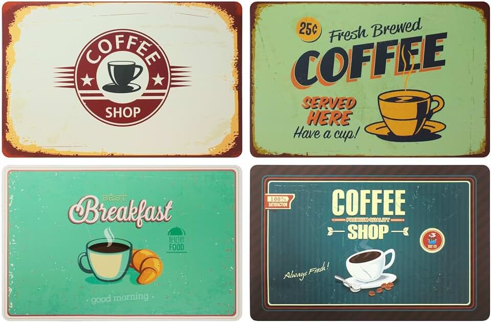 Theonoi 4er Tischset: Coffee Retro Look Frühstück Kaffee Retroschild Coffee Shop - Tisch Matten/Platzdeckchen/Tischunterlage/Essunterlage/Platzset Kunststoff 43 x 28 cm