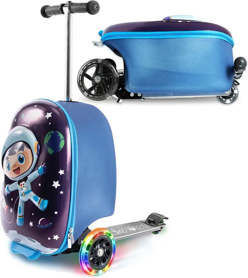 KIDDIETOTES Boys Ride-On Scooter Luggage, Hardside Travel Carry-On Suitcase