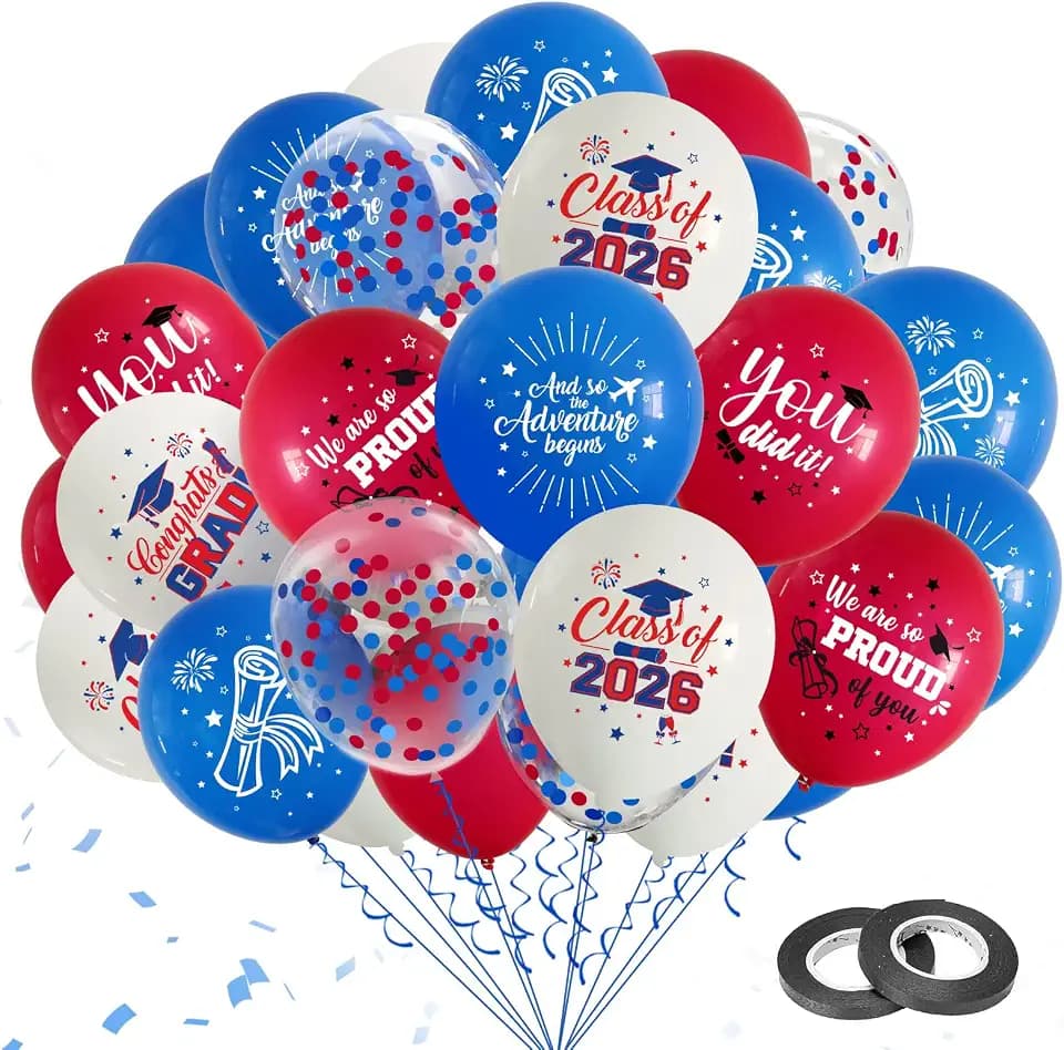75Pcs Red and Blue Graduation Decorations 2026 Graduation Balloons Class of 2026 Graduation Party Supplies with Grad Balloon Ribbons for Grad Party Decoration