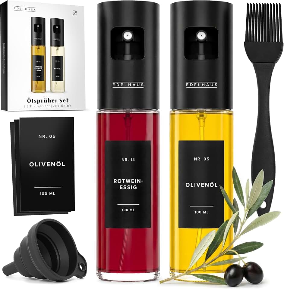 EDELHAUS Ölsprüher Edelstahl & Glas, Öl-Sprühflasche für Speiseöl & Essig | Dosiert Öl und Essig auf den Tropfen genau – Ölspray für Pfanne, Airfryer und Salat, 20 Etiketten, Trichter, Silikonpinsel