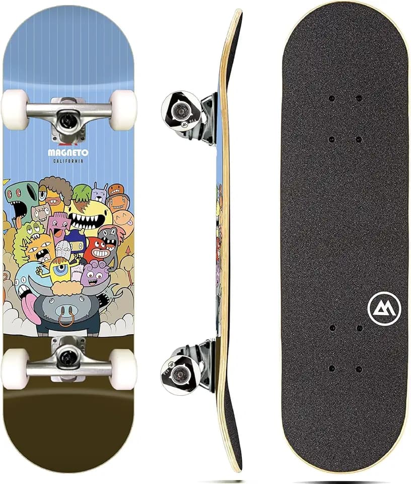 Magneto Complete Skateboard | 6-Layer Canadian Maple Double Kick Concave Deck | Beginners, and Teens