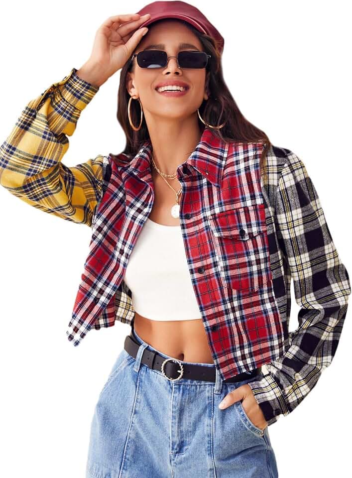 SweatyRocks Women's Cute Color Block Long Sleeve Crop Tops Plaid Button Down Blouse