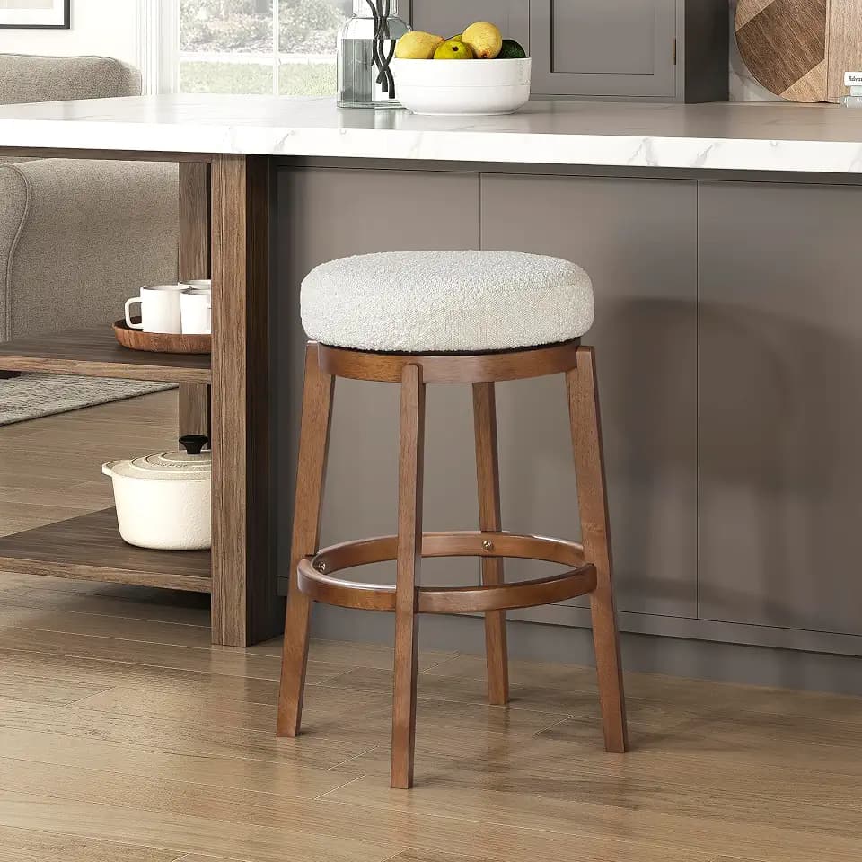 Lexicon Mid Century Swivel Pub Height Bar Stool, White Boucle Upholstered Seat & Solid Wood Frame, Backless, 360 Degree Swivel Stool for Kitchen Island and Home Bar Seating, Brown