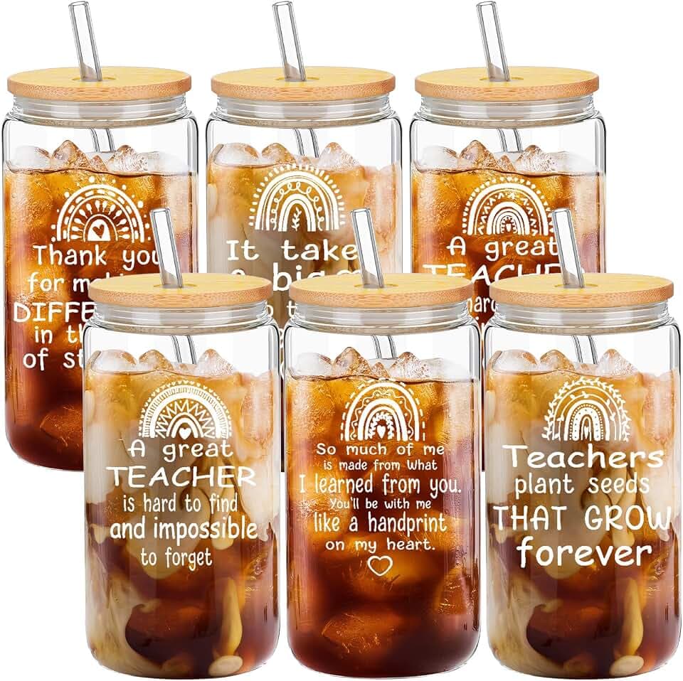 Zubebe 6 Sets Teacher Cups Bulk Back to School Gifts for Teachers 16 oz Glass Cups with Lids and Straws Thank You Gifts Back to School Retirement