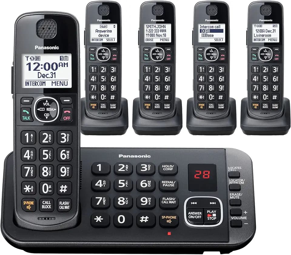 Panasonic DECT 6.0 Expandable System, Cordless Phones with Answering Machine and Call Blocking - 5 Cordless Phones 5 Handsets - KX-TGE645M (Metallic Black)