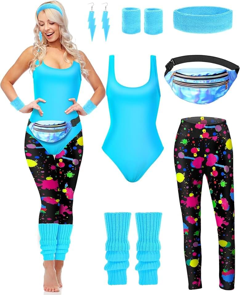 Hercicy 7 Pcs Halloween Women's 80s 90s Workout Outfit for Cosplay Party