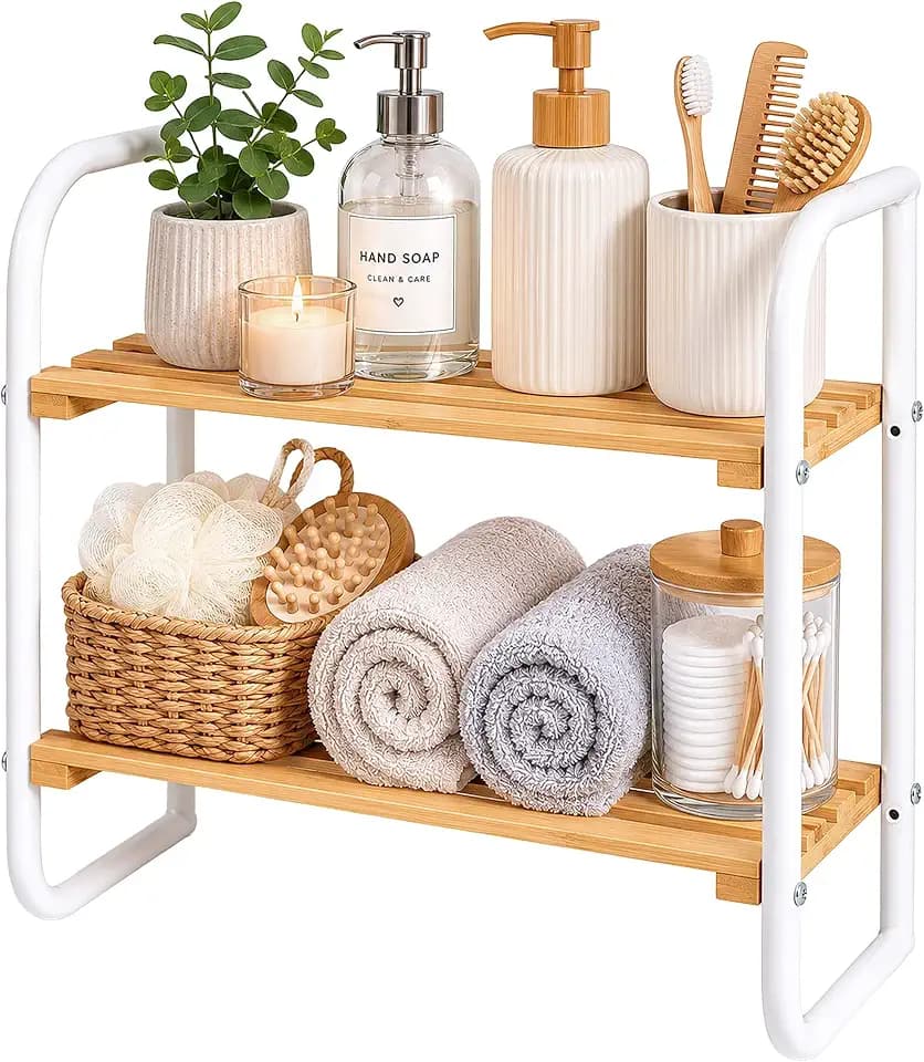 Relaxdays Regal, Bambus, Metall, Badezimmer, Flur, 2 Etagen, Natur/weiß