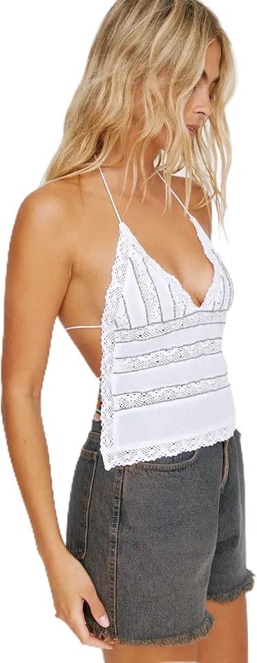 Nasty Gal Women's Studded Lace Trim Halter Tie Back Top