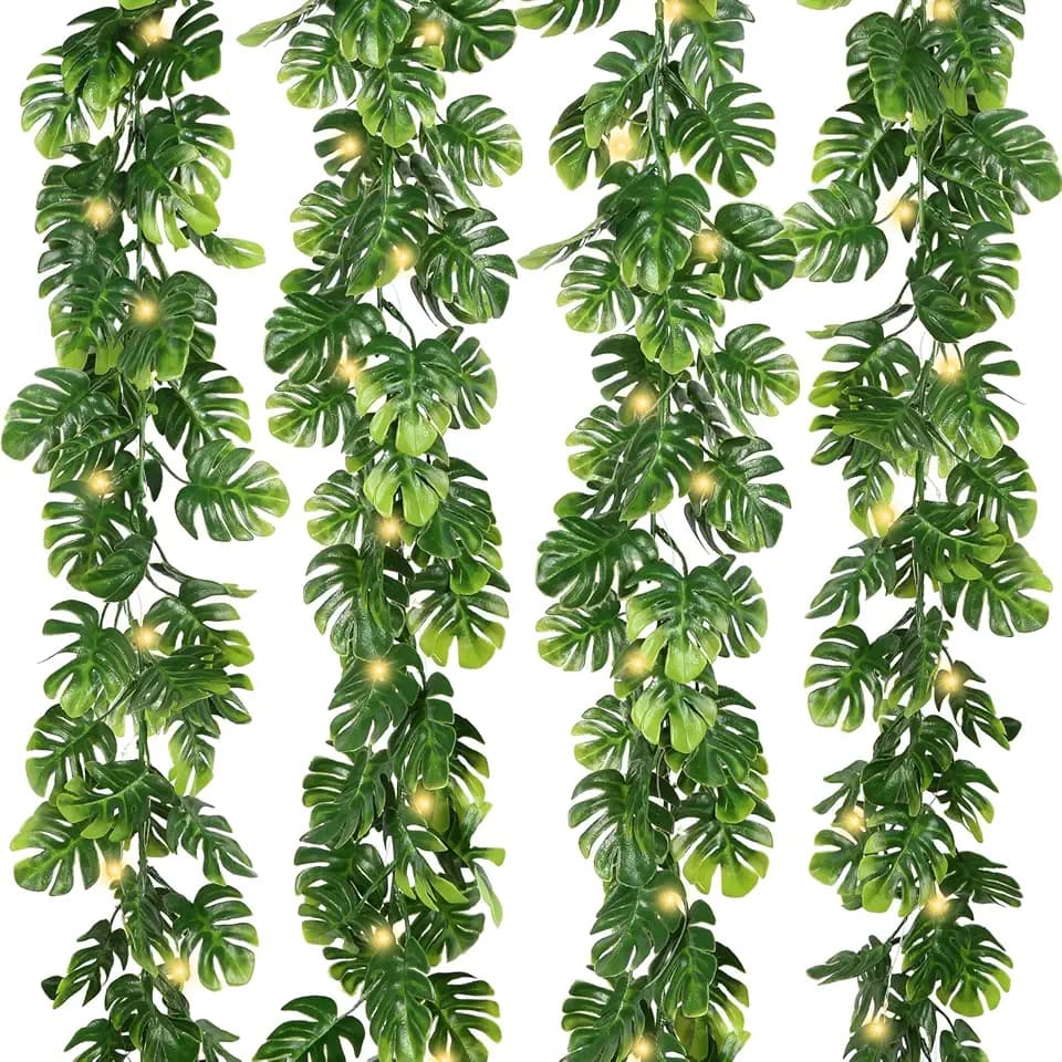 IPOPU 4PCS Artificial Monstera Leaf Ivy Vines with Light Strings, 5.7FT Faux Tropical Palm Leaf Garland Fake Monstera Hanging Greenery Plant for Garden Jungle Hawaiian Party Porch Patio Outdoor Decor