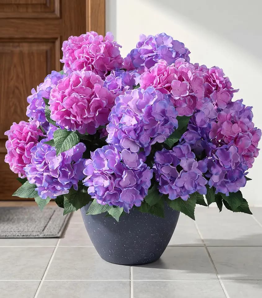 Ivydale Artificial Flowers for Outdoors, 4 PCS Purple Fuchsia Fake Silk Hydrangea Flower Stems for Bouquets UV Resistant Realistic Faux Plants Home Outdoor Wedding Party Centerpieces Decor