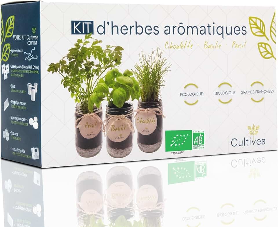 CULTIVEA® Kräuter Anzuchtset für die Küche – Kräutersamen Set mit Basilikum, Petersilie & Schnittlauch – Indoor Kräutergarten mit 3 Glasgefäßen – Kräuter selber ziehen – Geschenkidee