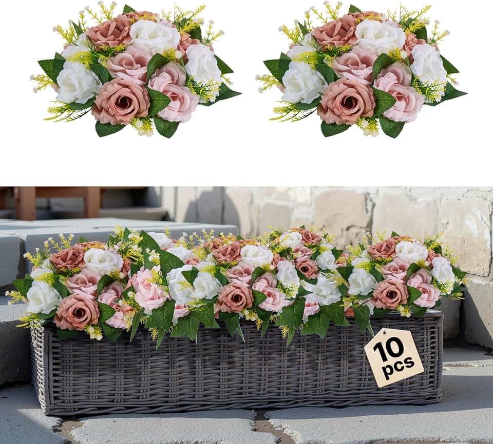 VEVOR Kunstblumen, 10 Stück, 240x240x120 mm, künstliche Blumenkugeln, Kunstrosen-Arrangements für Hochzeitsmittelstücke, Heimdekoration, Tischdekoration, Partys, Feiern, rosa & weiße Rosen