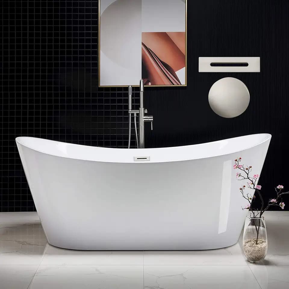 WOODBRIDGE 71"Freestanding White Acylic Soaking Bathtub with Brushed Nickel Drain and Overflow,B0017-BN