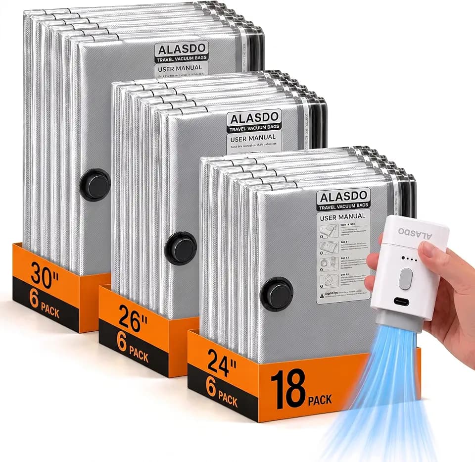 ALASDO Vacuum Storage Bags with Portable Electric Pump USB-C Rechargeable Vacuum Sealer Machine for Travel Essentials (18 Combo Travel Size)