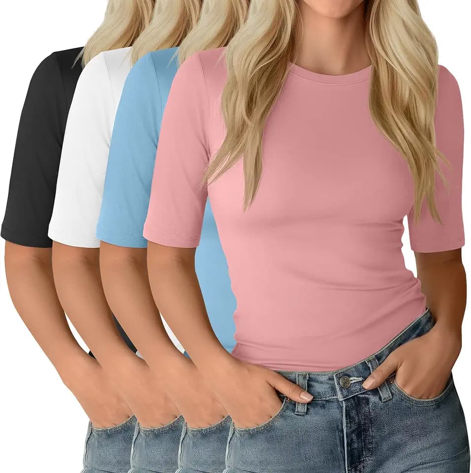 Neer 4 Pack Women's Elbow Length Tops Half Sleeve Fitted Shirts