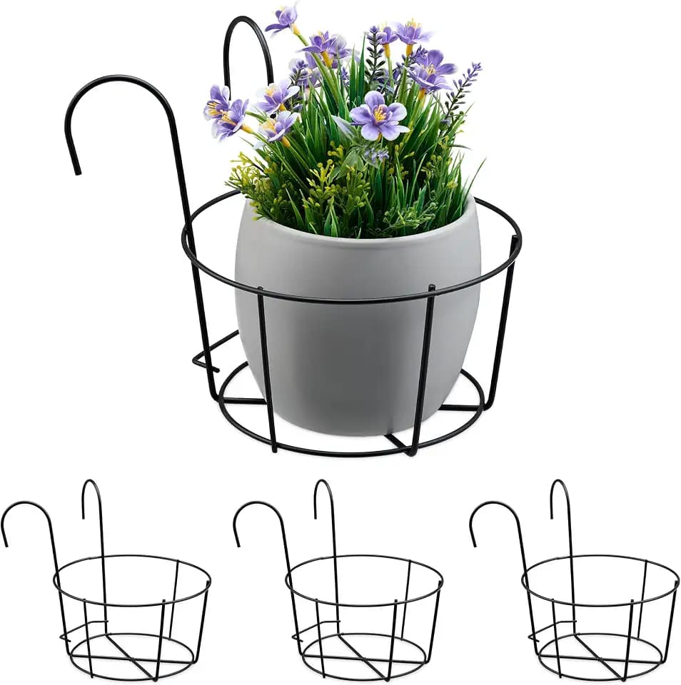 Relaxdays Blumentopf Halter, 4er Set, Balkon, Metall, HxBxT: 21x20x26 cm, Blumentopfhalterung zum Einhängen, schwarz