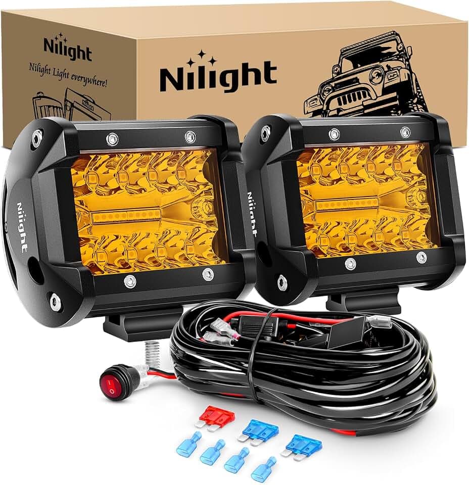 Nilight 2PC 4Inch Amber Led Pods Triple Row 60W Flood Spot Combo Driving Fog Lights with 16AWG Wiring Harness-2 Leads for Offroad Pickup Trucks Jeep ATV UTV SUV, 2 Years Warranty