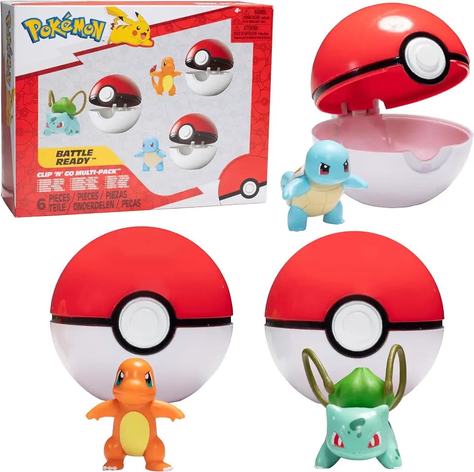 Pokémon Clip 'N' Go Pokeball & Battle Figuren-Set 3er-Pack – Let's Go Starters Charmander, Bubasaur, Squirtle mit Poke-Bällen – Offizielles Lizenzprodukt – Geschenk für Kinder