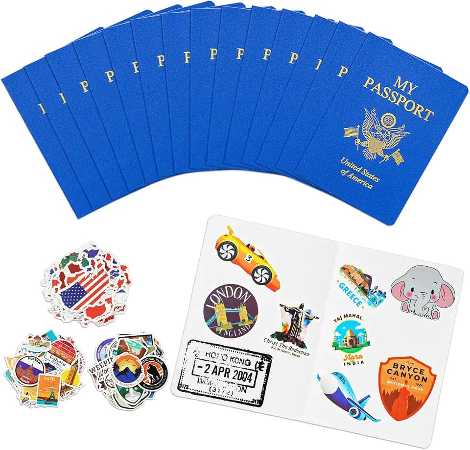 15 Pcs Fake Passport Book for Kids with 150 Non-Repeating Stickers (Including 3 Themes), Suitable for Party Favors, Scrapbooking, Arts and Crafts, School Supplies, Wall Stickers