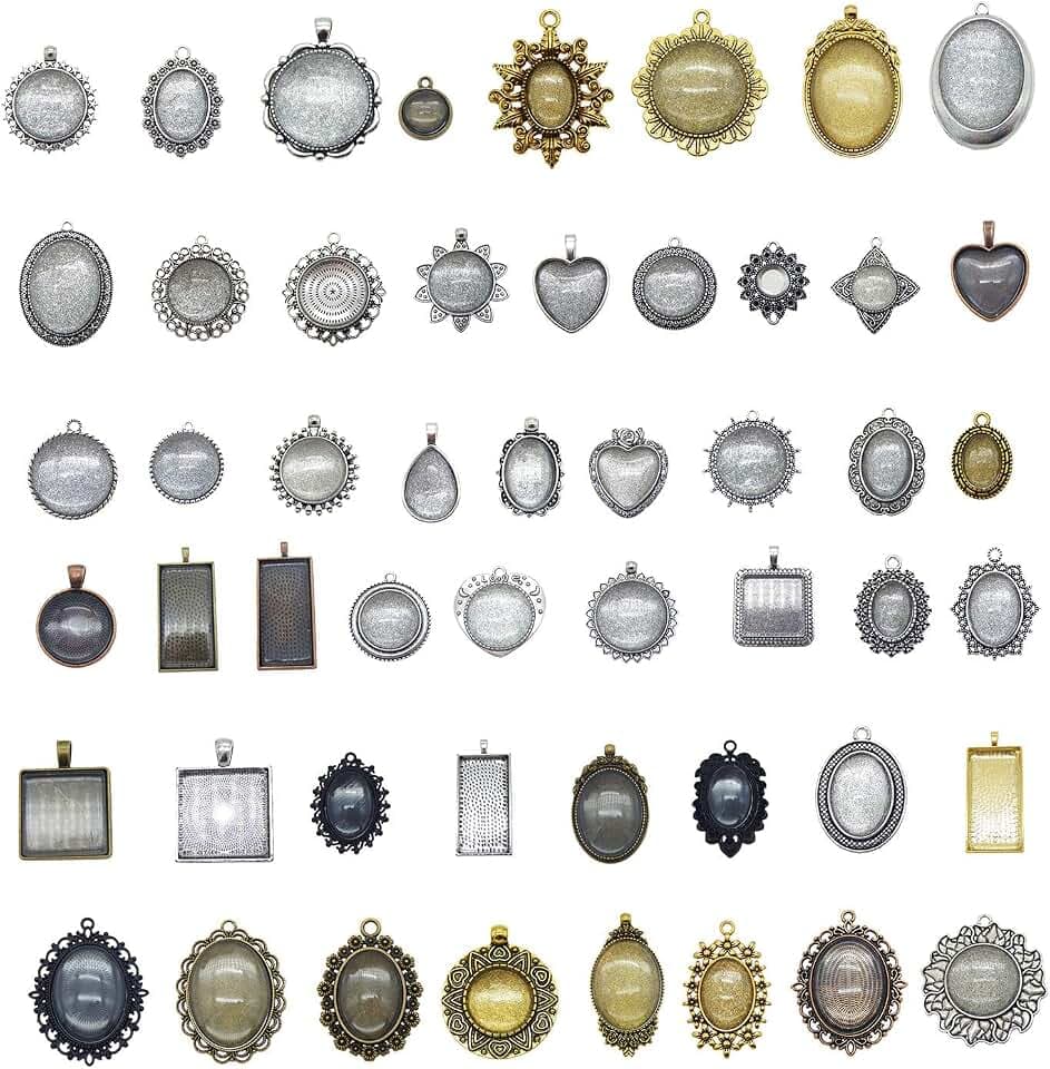 Julie Wang 20 Sets sortierte antik farbige Fassung Lünette Tablett Anhänger Rohlinge mit Glasabdeckung Cabochon - keine Duplikate