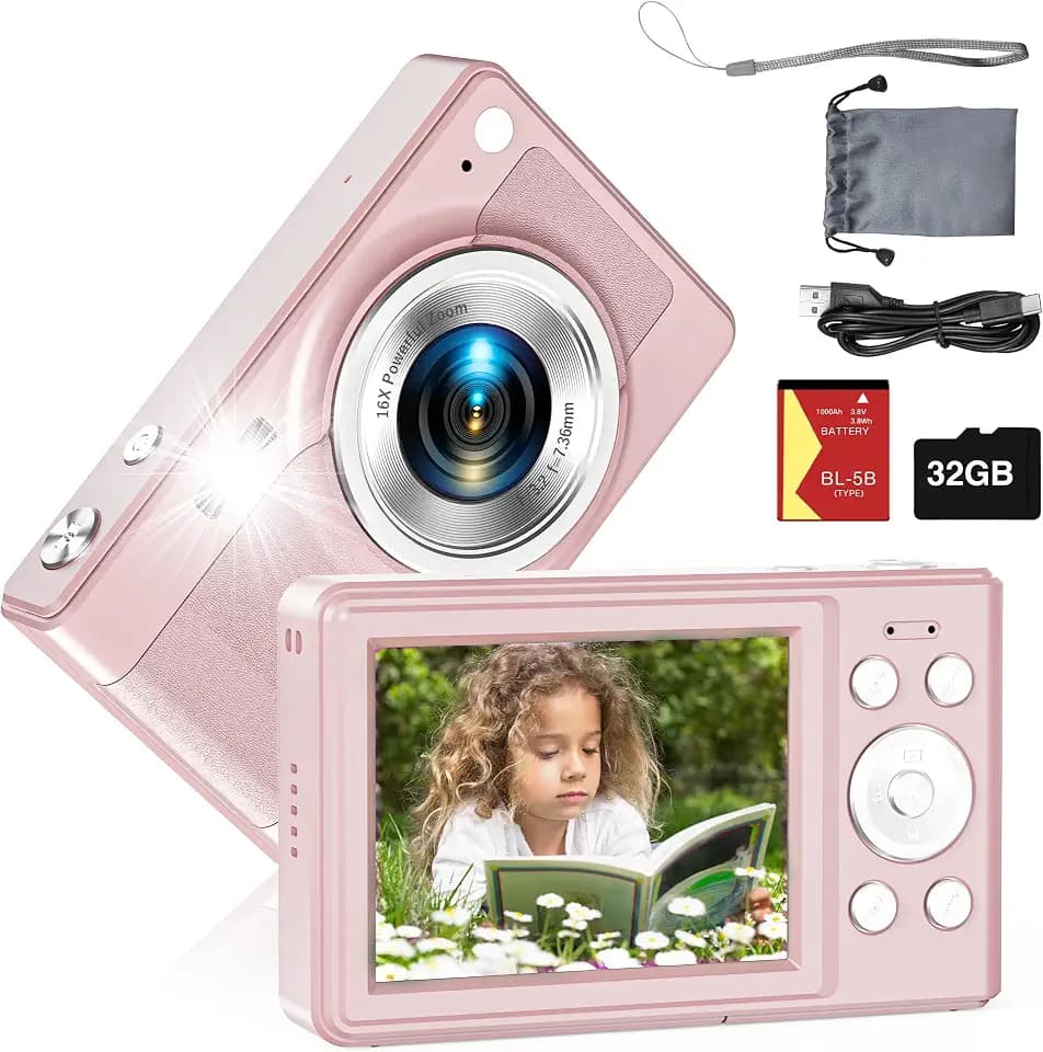 Upgrade Kids Digital Camera - 56MP FHD 1080P with 16x Zoom, Anti-Shake, 32GB TF Card, Two Batteries, Lanyard - Compact Small Camera for Kids (Pink)