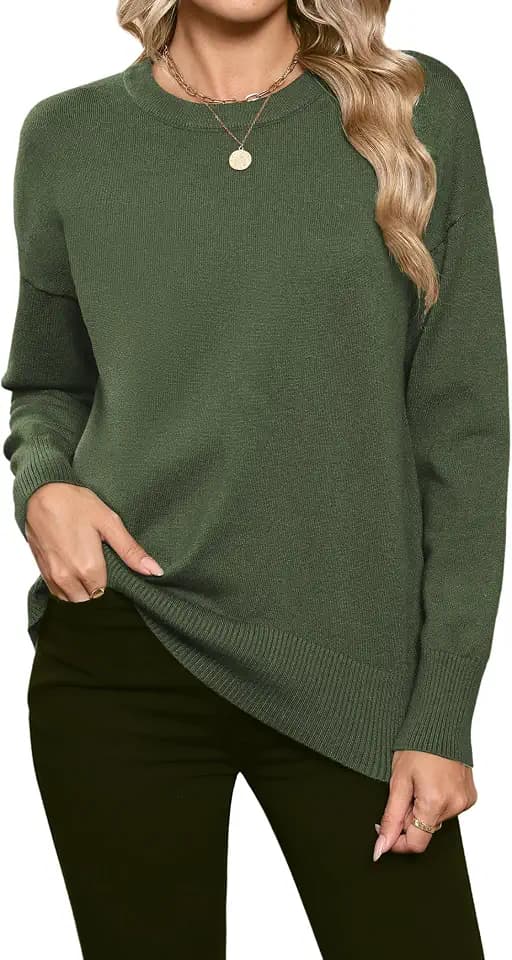 HOTOUCH Pullover für Damen, Rundhalsausschnitt, langärmelig, Strick-Top, lässig, locker, gerippter Pullover, Herbst und Winter