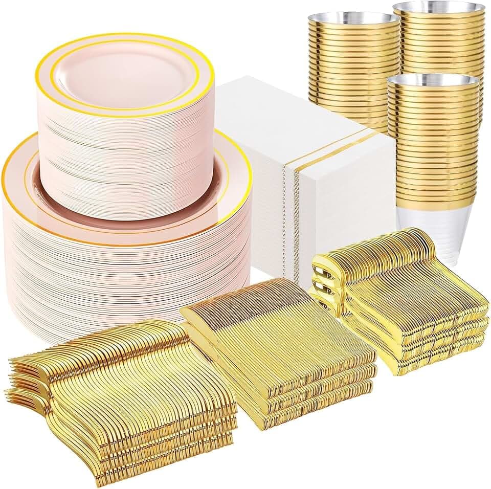 GATHER 700PCS Pink Plastic Dinnerware Set 100 Guests Gold Rim Party