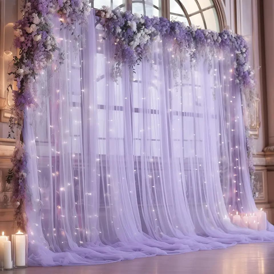 10ft x 10ft Purple Backdrop Curtain with Lights String for Parties, Sheer Tulle Wedding Photo Backdrops Drapes for Purple Birthday Party Decorations Background for Photography