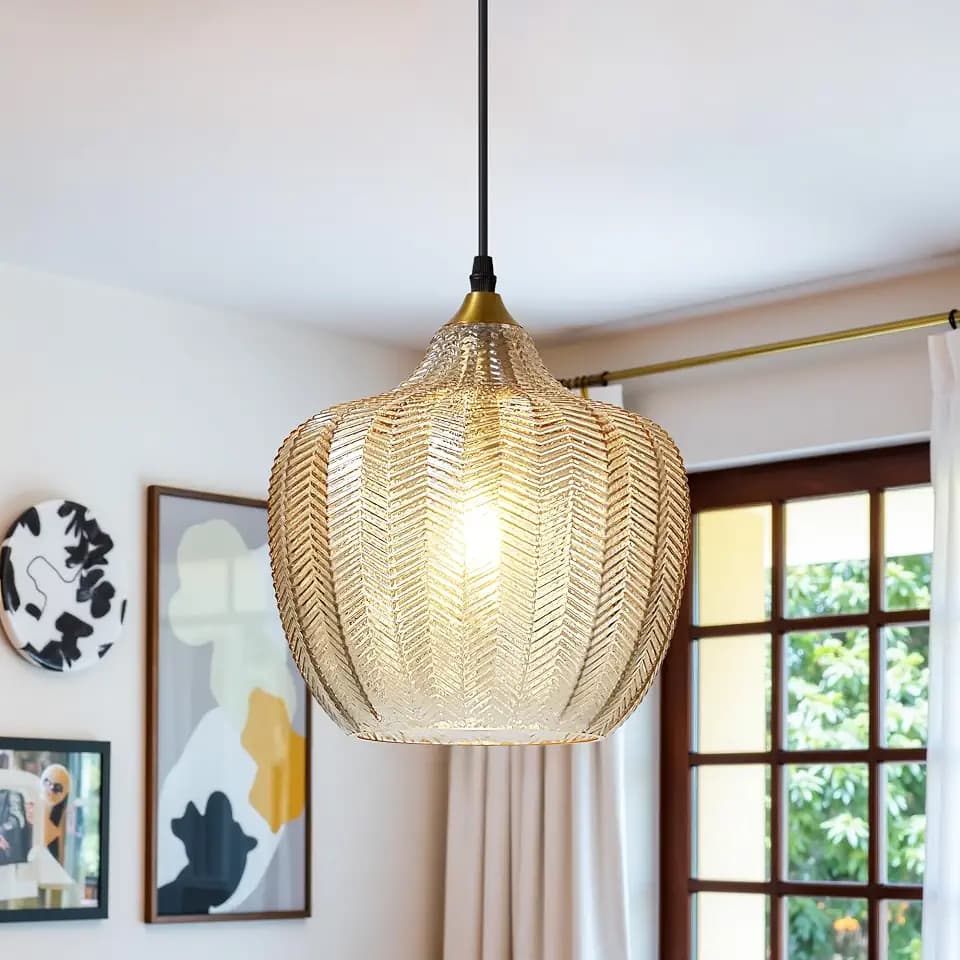 Amber Glass Pendant Lights Kitchen Island Gold Hanging Ceiling Light 9.45"