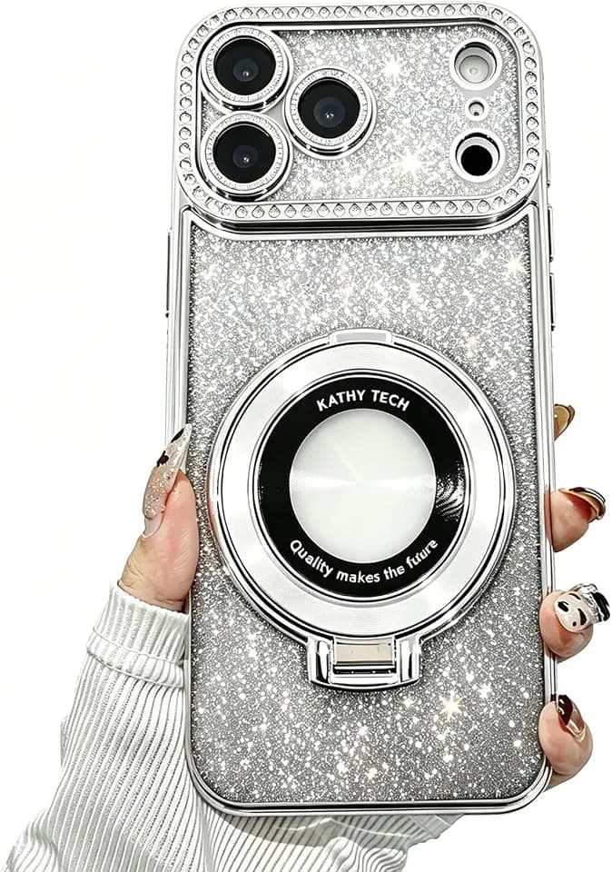 Magnetic Ring Stand Glitter Case for iPhone 17 Pro Compatible with Magsafe Luxury Bling Diamond Rhinestones Camera Protector Upgrade Shockproof Girly Case for Women Silver