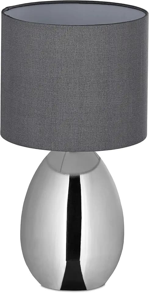 Relaxdays Tischlampe, Metallfuß, Stoffschirm, E14, HxD: 33,5x18 cm, Nachttischlampe mit Kabel, Schlafzimmer, Silber/grau