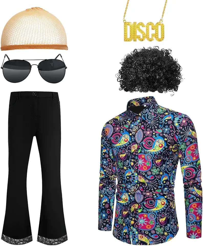 6-teiliges 70er Jahre Kostüm für Herren, Disco Outfit mit Hemd & Schlaghose